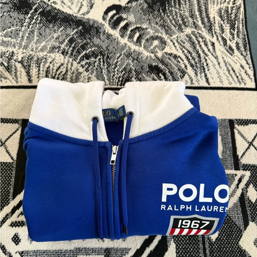 Polo Ralph Lauren Double Knit Blue White/Black/Yellow Colorblock Zip-Up Sweater